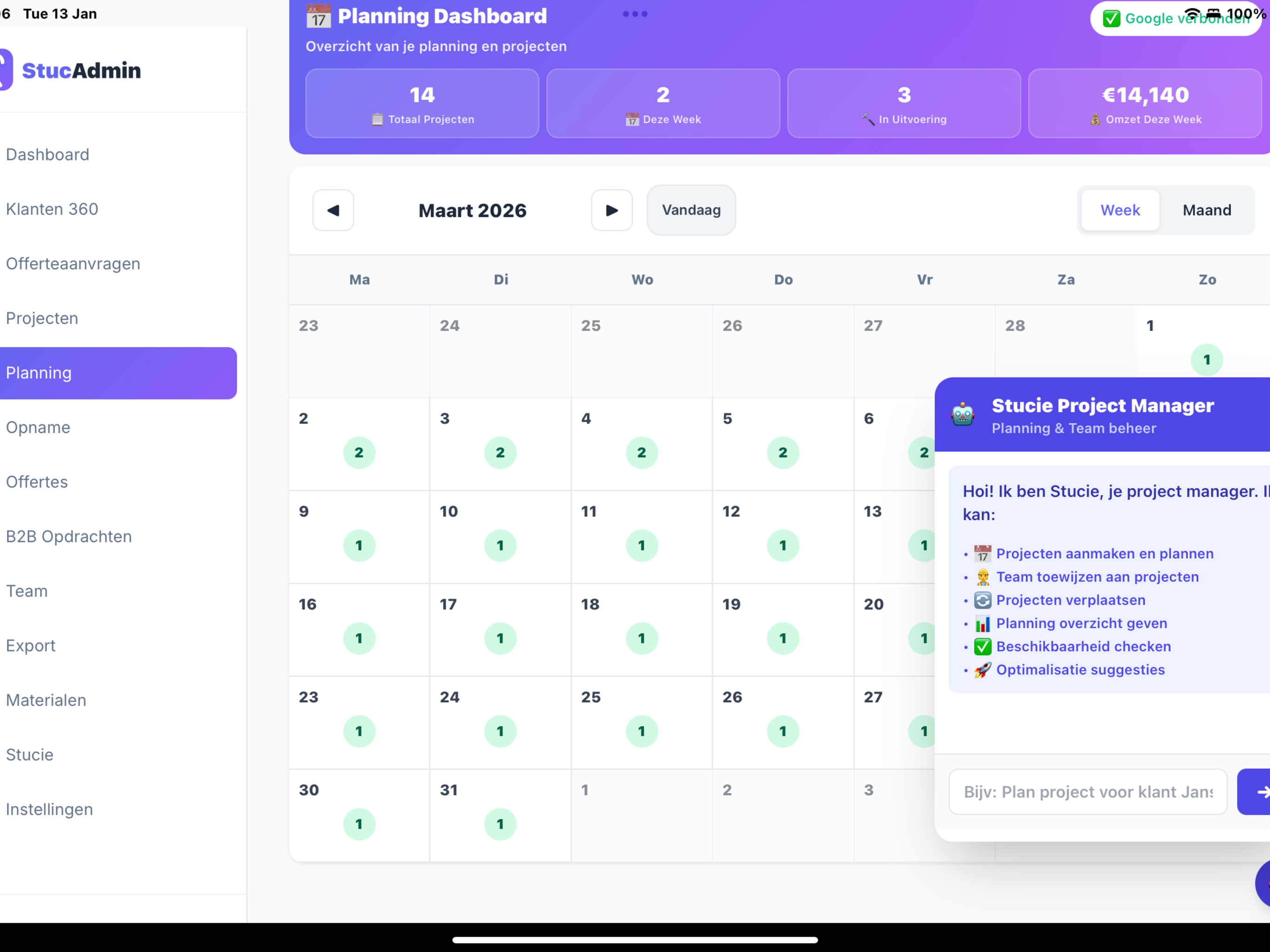 Planning Dashboard met kalender
